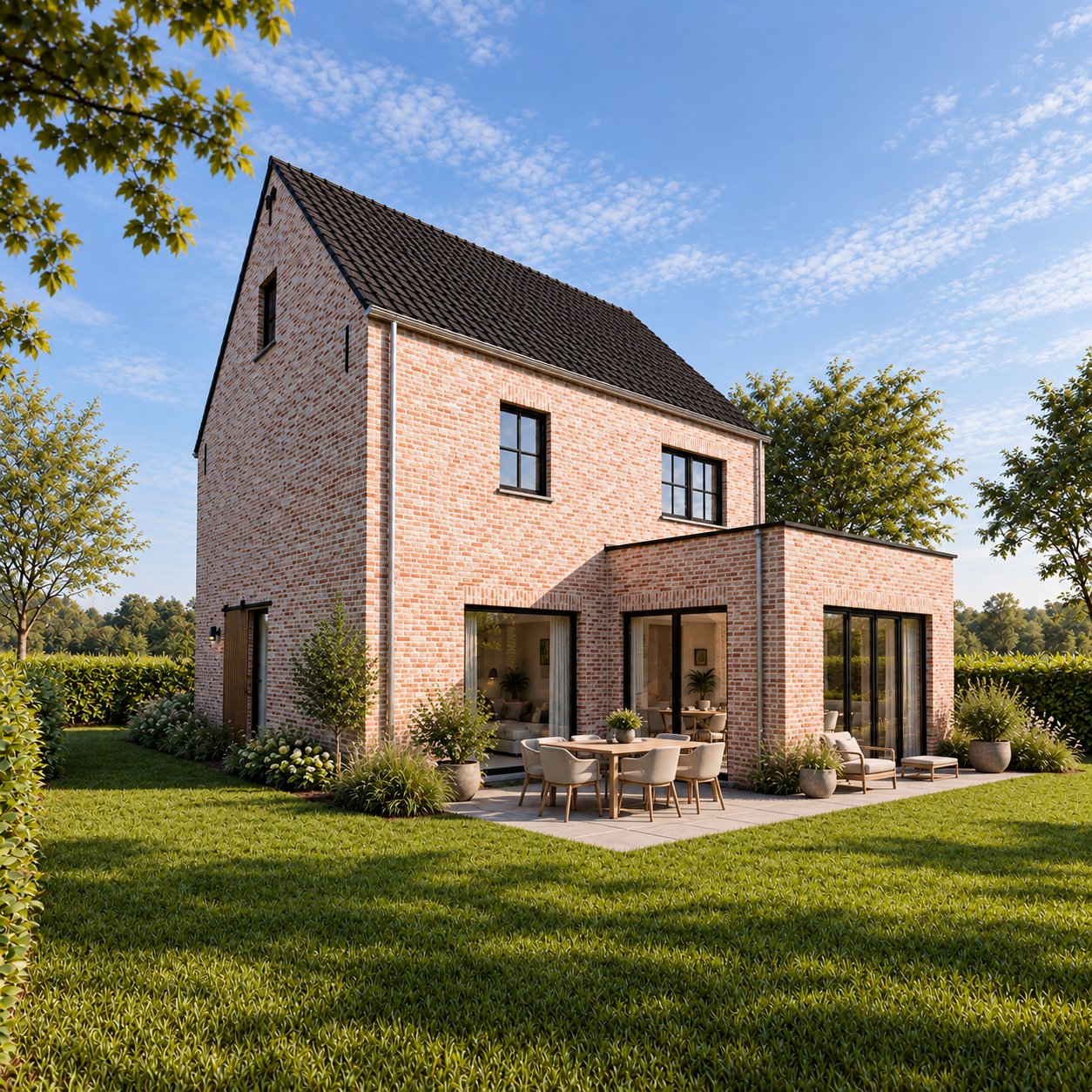 Projectvisualisatie van de achtergevel en tuin